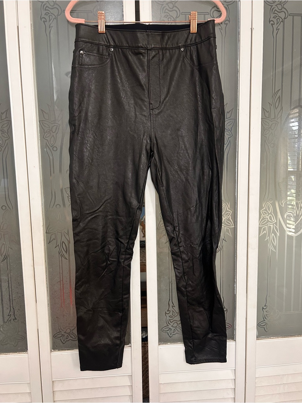 SPANX chocolate brown Faux Leather-look ankle pants with Red Brand Tag large